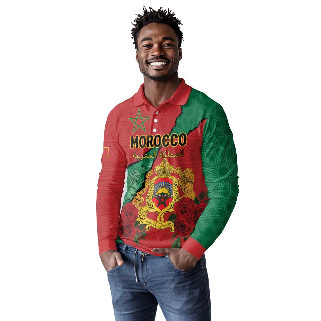 Personalised Morocco Long Sleeve Polo Shirt Coat Of Arms - Islamic Mix African Patterns
