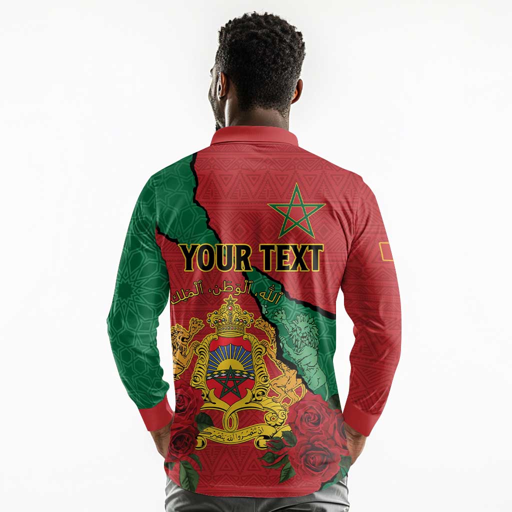 Personalised Morocco Long Sleeve Polo Shirt Coat Of Arms - Islamic Mix African Patterns