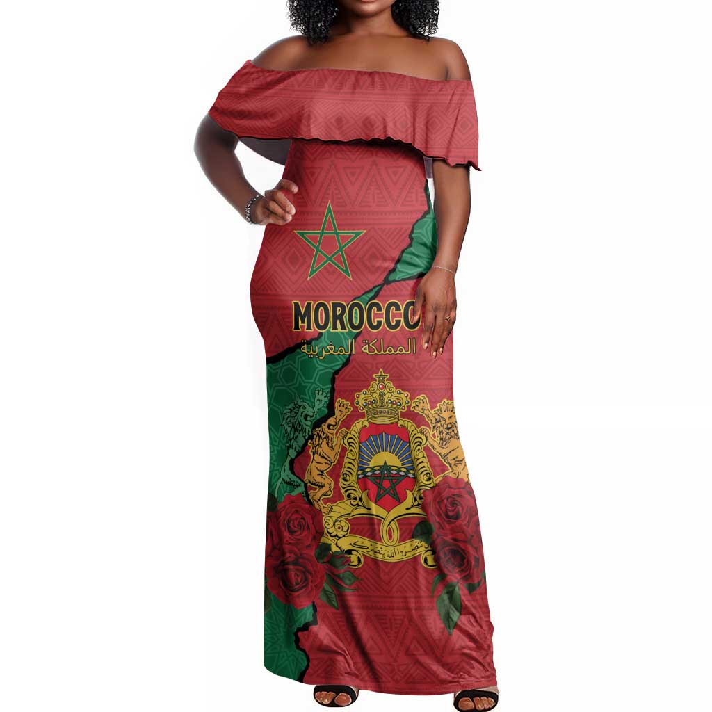 Personalised Morocco Off Shoulder Maxi Dress Coat Of Arms - Islamic Mix African Patterns