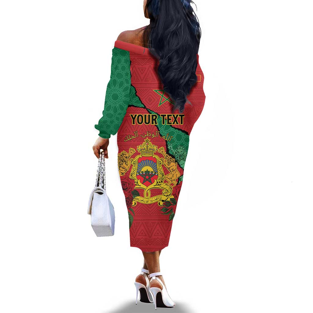 Personalised Morocco Off The Shoulder Long Sleeve Dress Coat Of Arms - Islamic Mix African Patterns