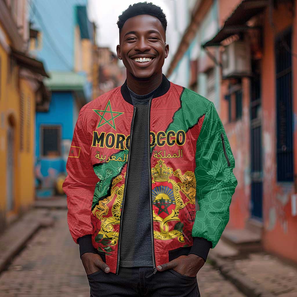 Personalised Morocco Sleeve Zip Bomber Jacket Coat Of Arms - Islamic Mix African Patterns