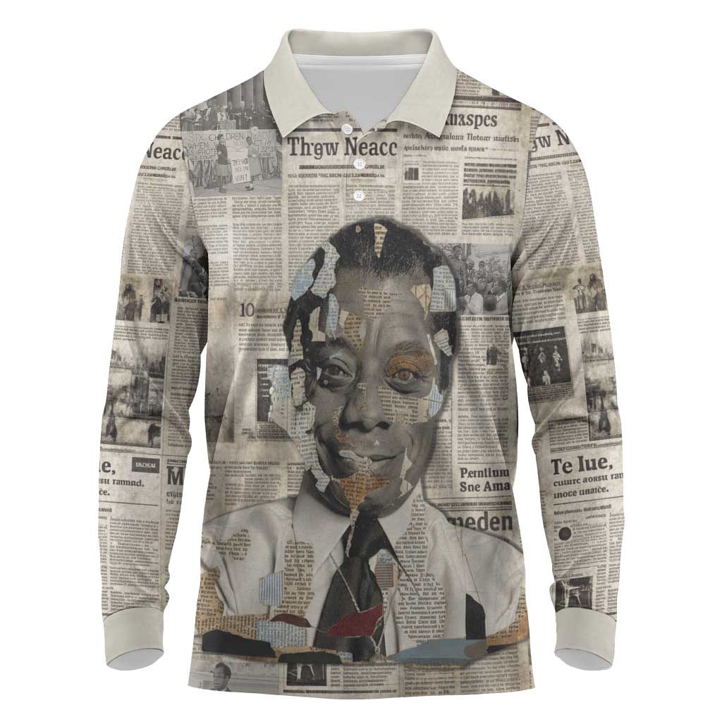 James Baldwin Long Sleeve Polo Shirt Vintage Newspaper Style