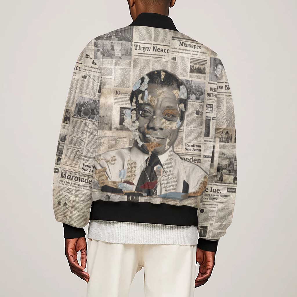 James Baldwin Sleeve Zip Bomber Jacket Vintage Newspaper Style