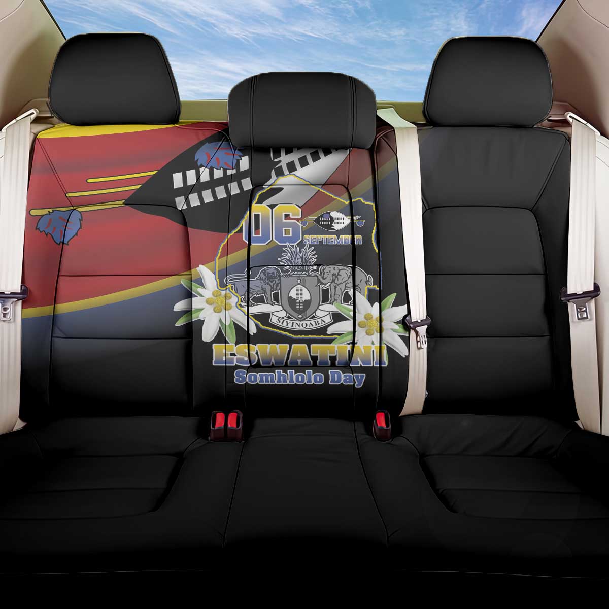 Eswatini Somhlolo Day Back Car Seat Cover Coat Of Arms With Map - African Pride