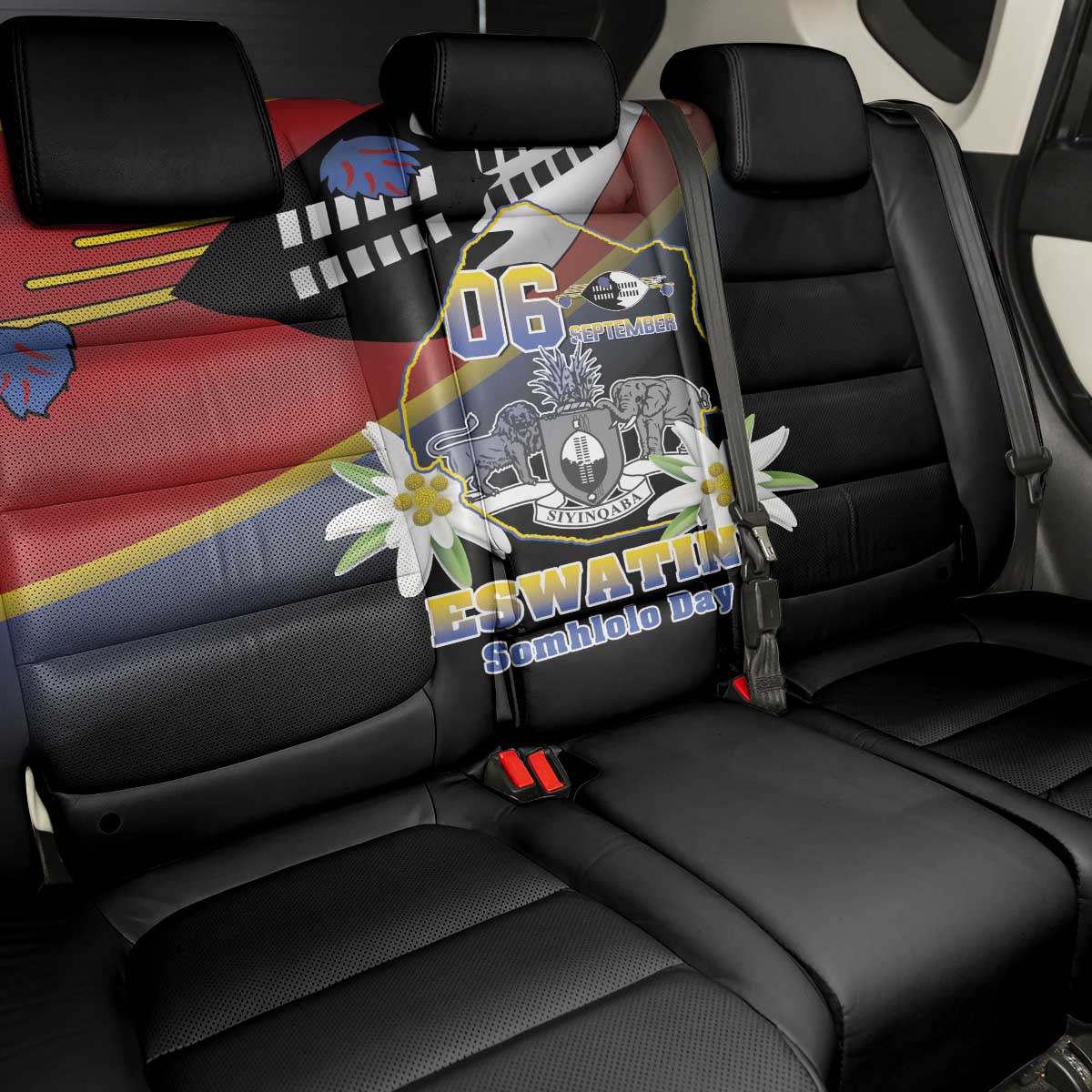 Eswatini Somhlolo Day Back Car Seat Cover Coat Of Arms With Map - African Pride