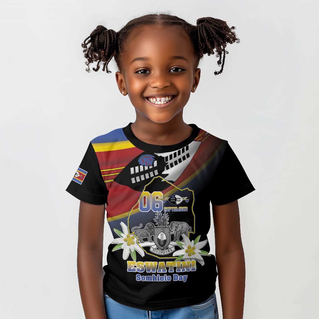 Personalized Eswatini Somhlolo Day Kid T shirt Coat Of Arms With Map - African Pride