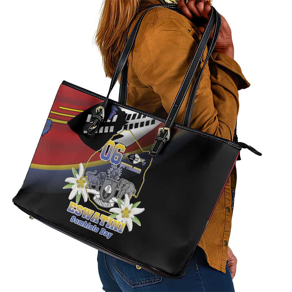 Eswatini Somhlolo Day Leather Tote Bag Coat Of Arms With Map - African Pride