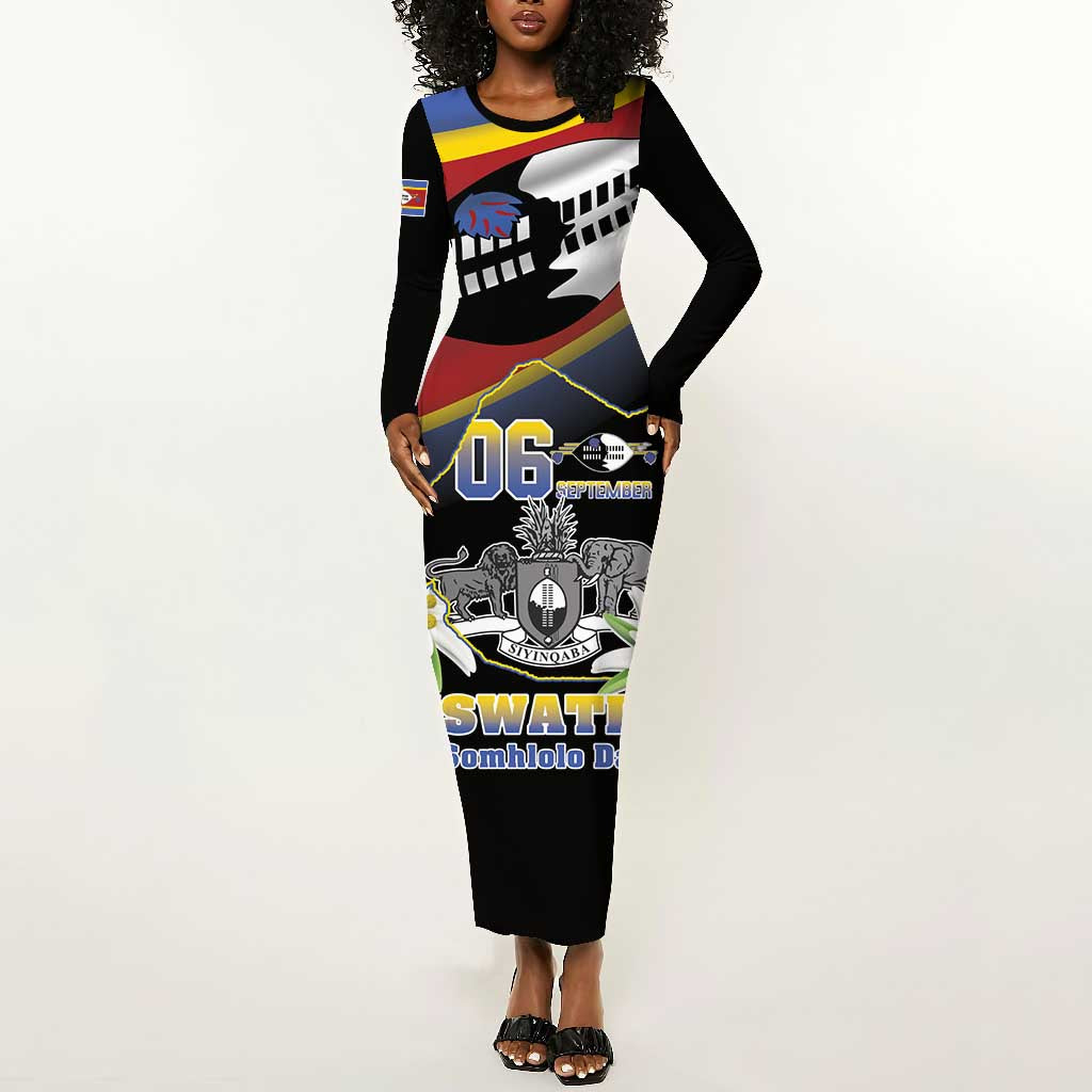 Personalized Eswatini Somhlolo Day Long Sleeve Bodycon Dress Coat Of Arms With Map - African Pride