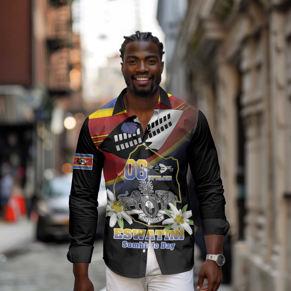 Personalized Eswatini Somhlolo Day Long Sleeve Button Shirt Coat Of Arms With Map - African Pride