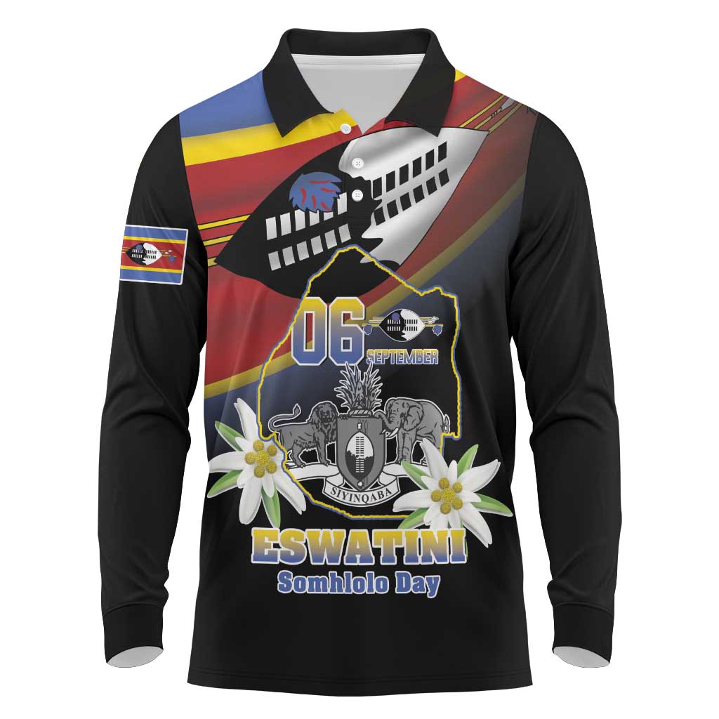 Personalized Eswatini Somhlolo Day Long Sleeve Polo Shirt Coat Of Arms With Map - African Pride