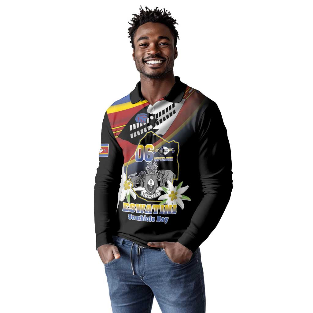 Personalized Eswatini Somhlolo Day Long Sleeve Polo Shirt Coat Of Arms With Map - African Pride