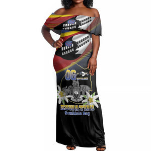 Personalized Eswatini Somhlolo Day Off Shoulder Maxi Dress Coat Of Arms With Map - African Pride