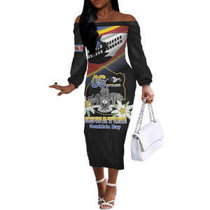Personalized Eswatini Somhlolo Day Off The Shoulder Long Sleeve Dress Coat Of Arms With Map - African Pride