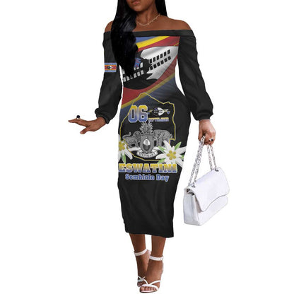Personalized Eswatini Somhlolo Day Off The Shoulder Long Sleeve Dress Coat Of Arms With Map - African Pride