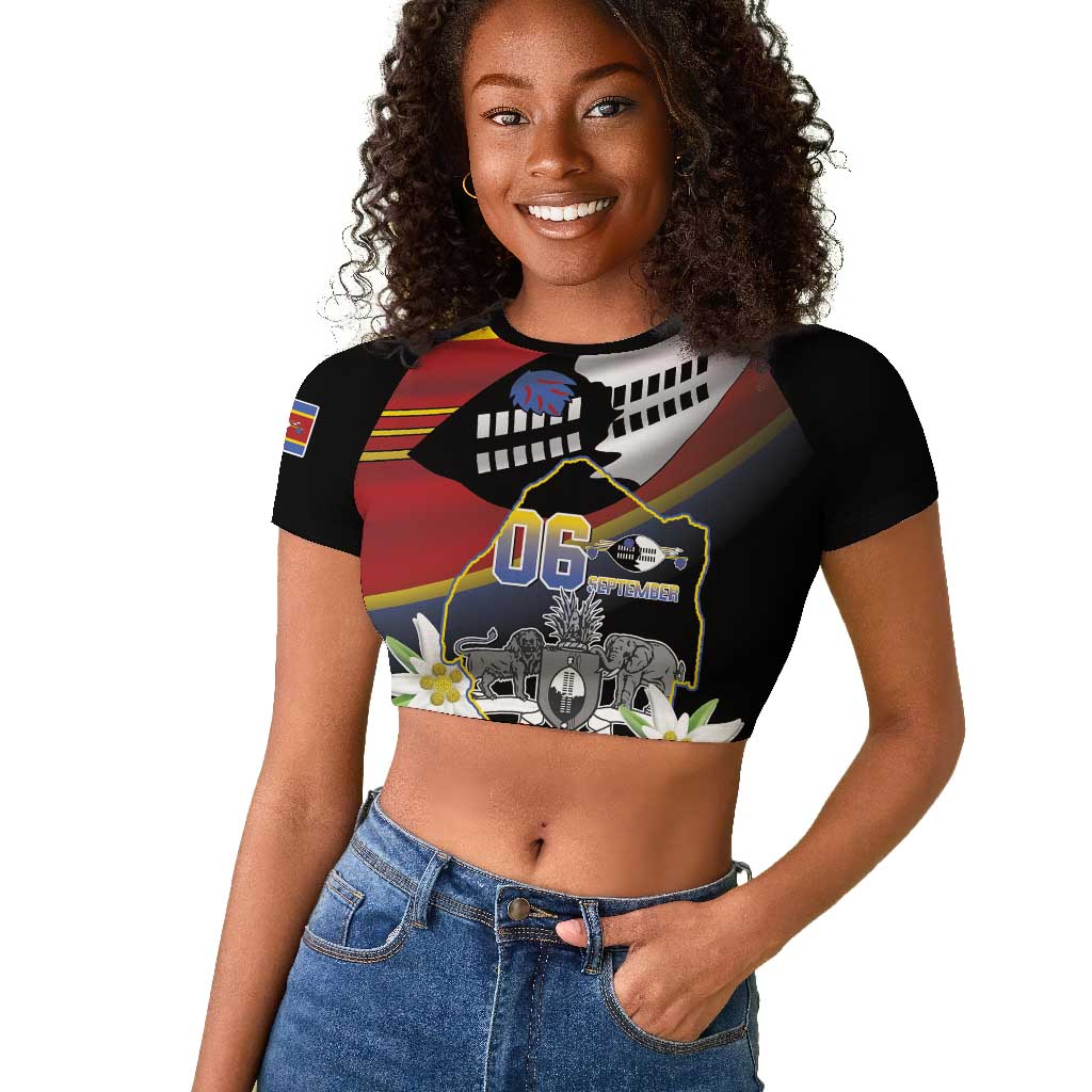 Personalized Eswatini Somhlolo Day Raglan Cropped T shirt Coat Of Arms With Map - African Pride