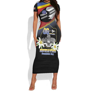 Personalized Eswatini Somhlolo Day Short Sleeve Bodycon Dress Coat Of Arms With Map - African Pride