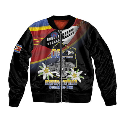 Personalized Eswatini Somhlolo Day Sleeve Zip Bomber Jacket Coat Of Arms With Map - African Pride