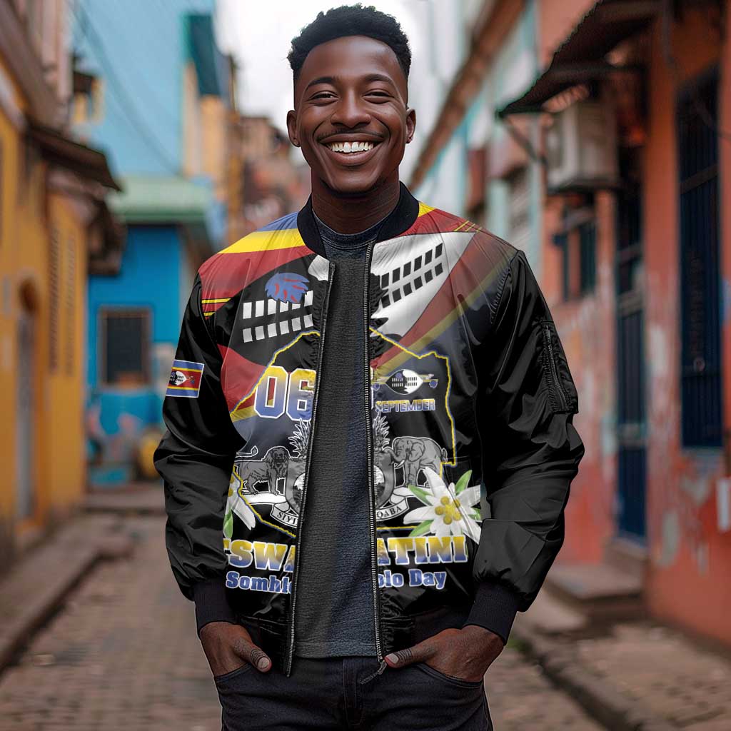 Personalized Eswatini Somhlolo Day Sleeve Zip Bomber Jacket Coat Of Arms With Map - African Pride