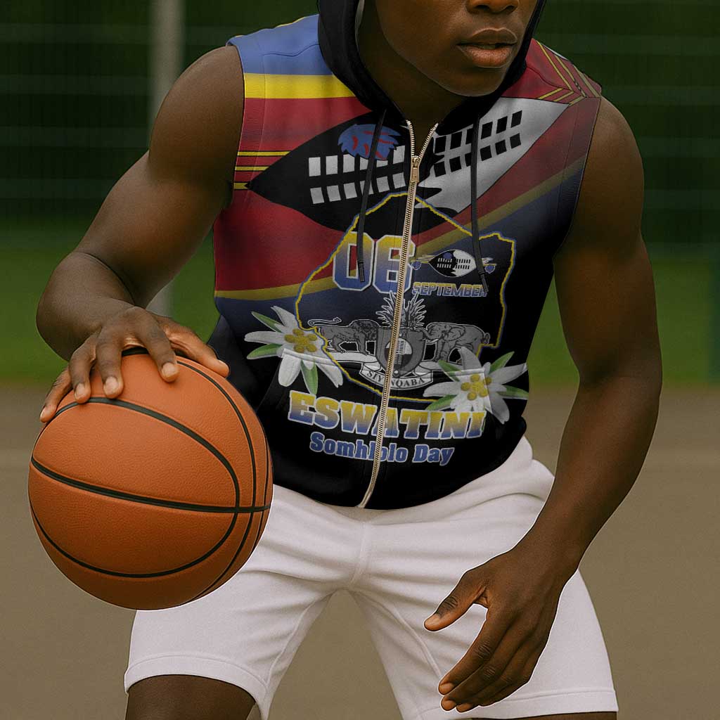 Personalized Eswatini Somhlolo Day Sleeveless Zip Hoodie Coat Of Arms With Map - African Pride