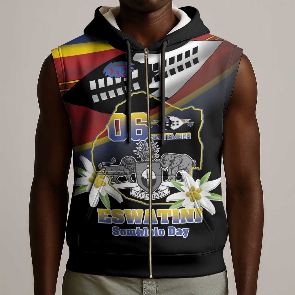 Personalized Eswatini Somhlolo Day Sleeveless Zip Hoodie Coat Of Arms With Map - African Pride