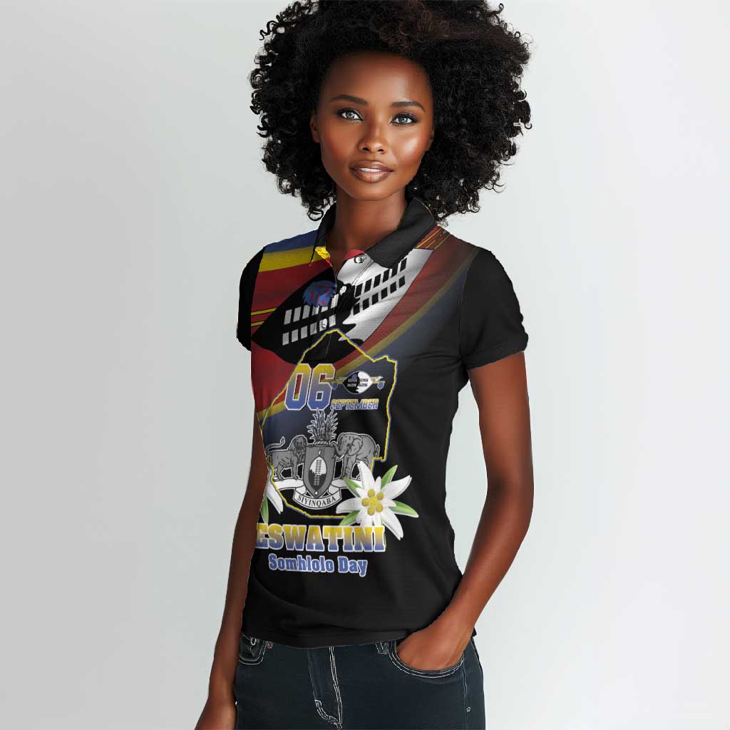 Personalized Eswatini Somhlolo Day Women Polo Shirt Coat Of Arms With Map - African Pride