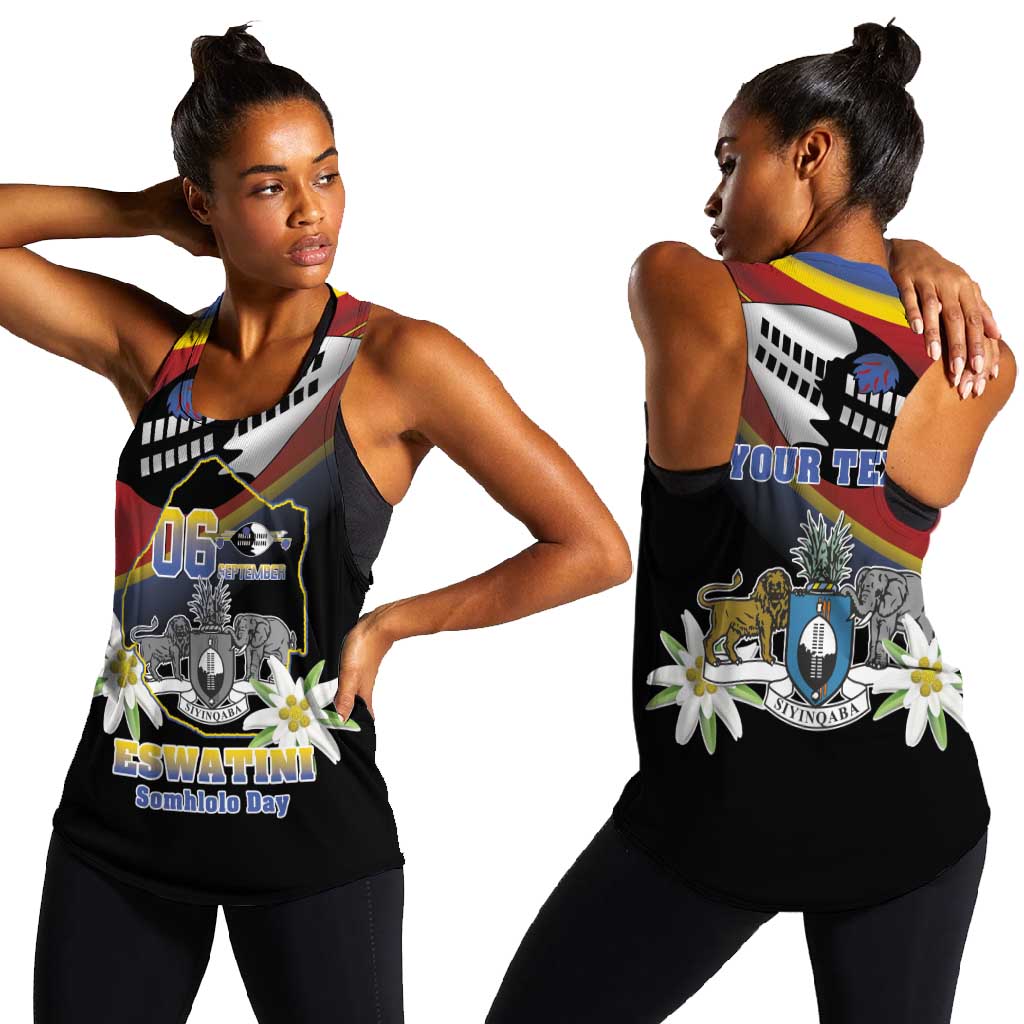 Personalized Eswatini Somhlolo Day Women Racerback Tank Coat Of Arms With Map - African Pride