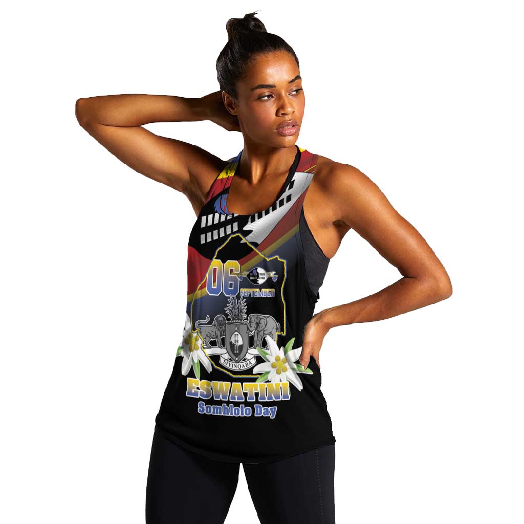 Personalized Eswatini Somhlolo Day Women Racerback Tank Coat Of Arms With Map - African Pride