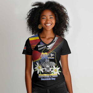Personalized Eswatini Somhlolo Day Women V-Neck T-Shirt Coat Of Arms With Map - African Pride