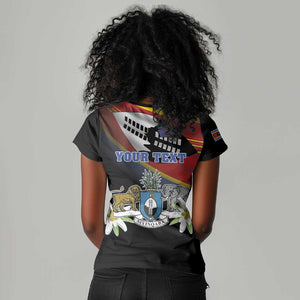Personalized Eswatini Somhlolo Day Women V-Neck T-Shirt Coat Of Arms With Map - African Pride