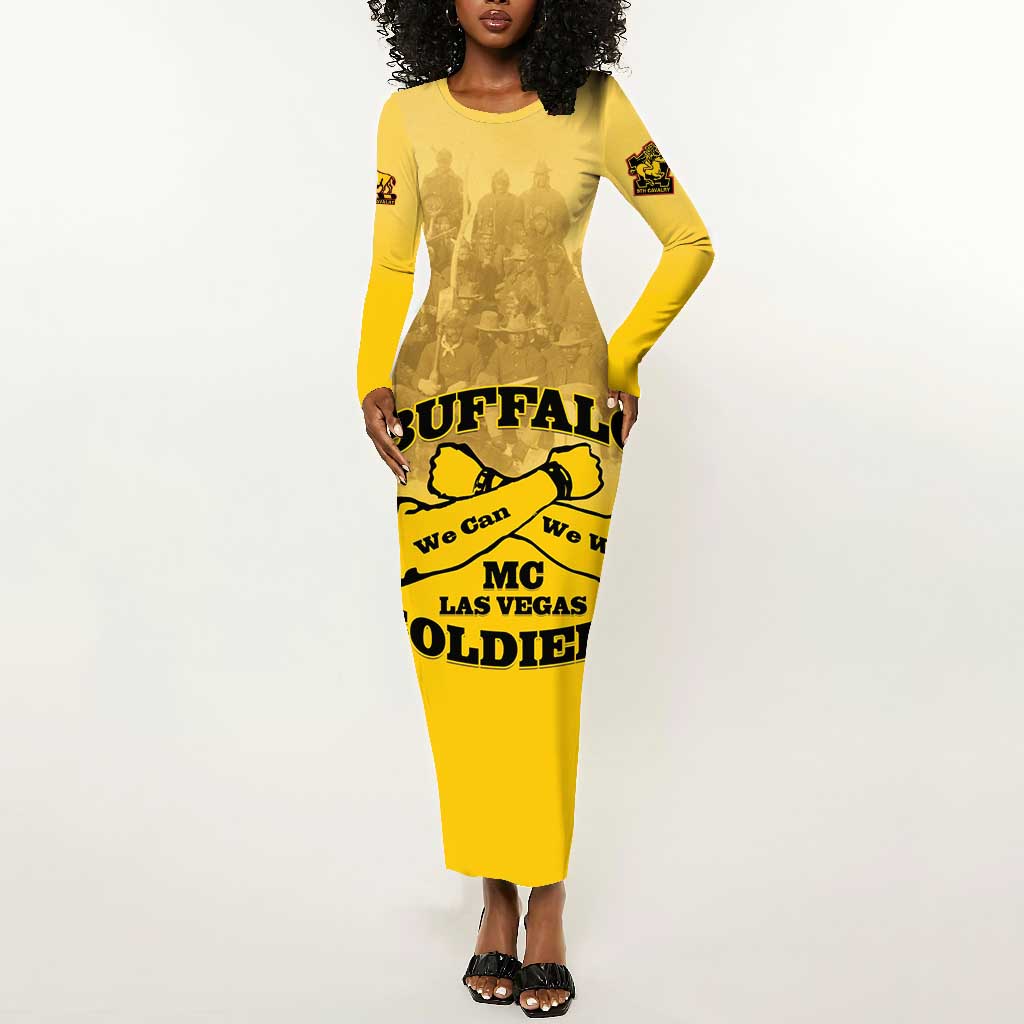 Personalized Buffalo Soldier Long Sleeve Bodycon Dress African American Heroes - Yellow - African Pride