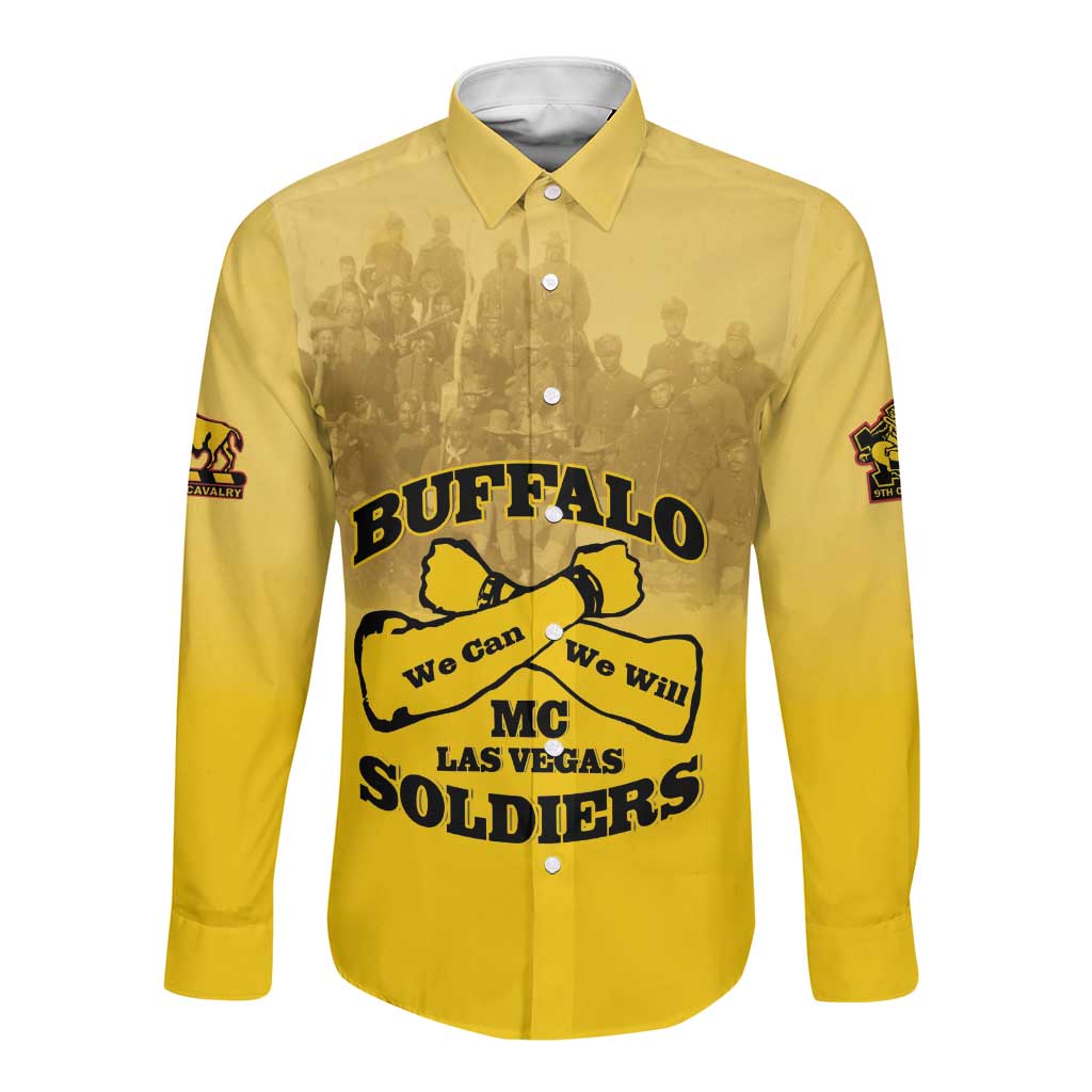 Personalized Buffalo Soldier Long Sleeve Button Shirt African American Heroes - Yellow - African Pride