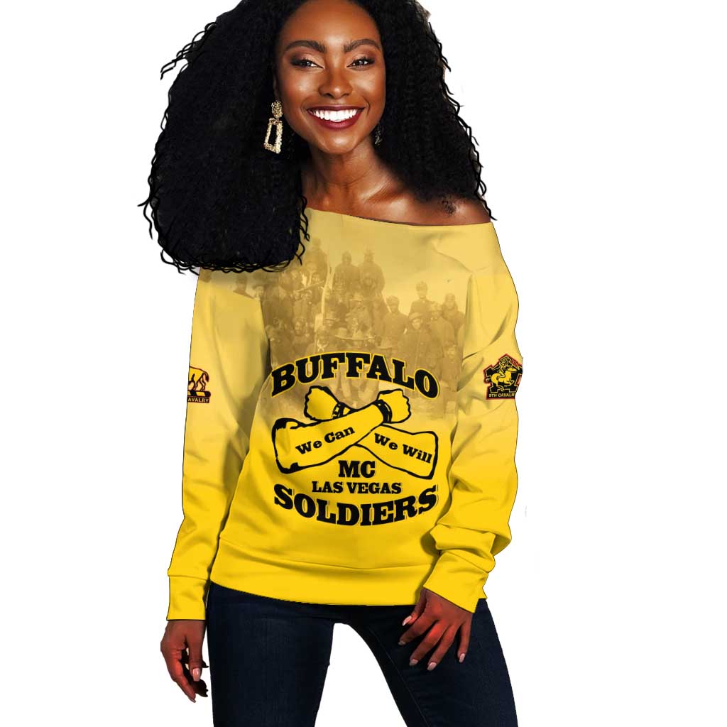 Personalized Buffalo Soldier Off Shoulder Sweater African American Heroes - Yellow - African Pride