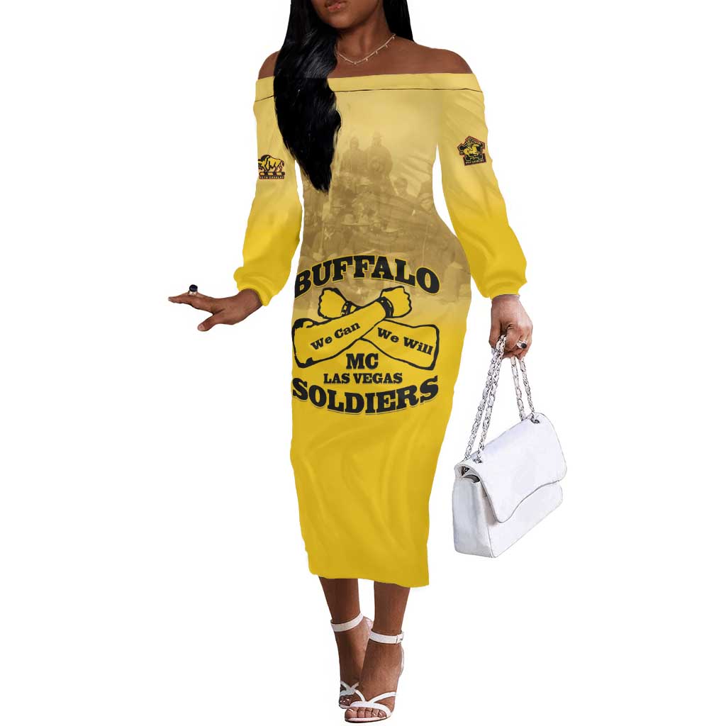 Personalized Buffalo Soldier Off The Shoulder Long Sleeve Dress African American Heroes - Yellow - African Pride