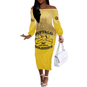 Personalized Buffalo Soldier Off The Shoulder Long Sleeve Dress African American Heroes - Yellow - African Pride