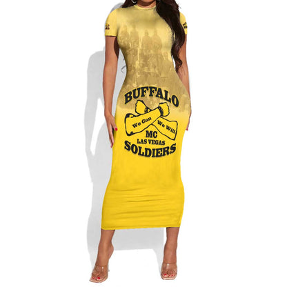 Personalized Buffalo Soldier Short Sleeve Bodycon Dress African American Heroes - Yellow - African Pride
