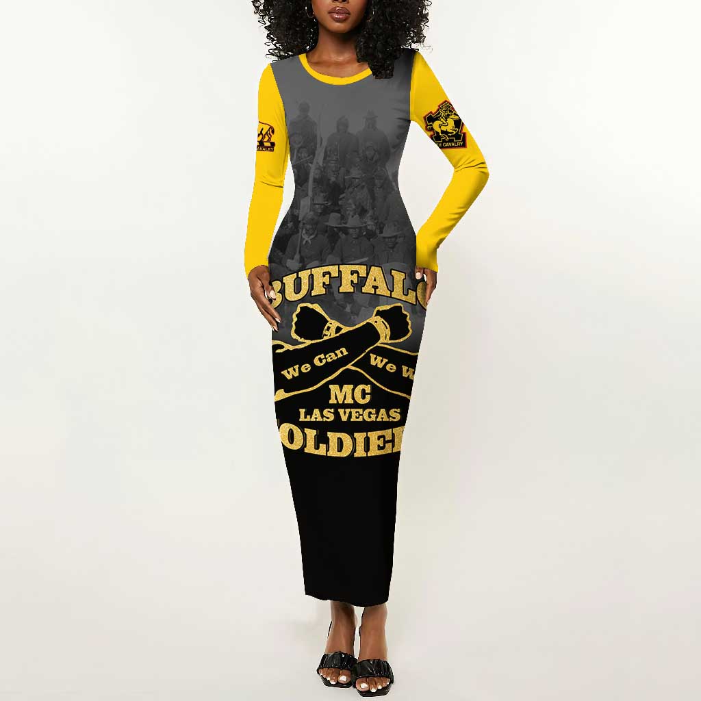 Personalized Buffalo Soldier Long Sleeve Bodycon Dress African American Heroes - Black - African Pride