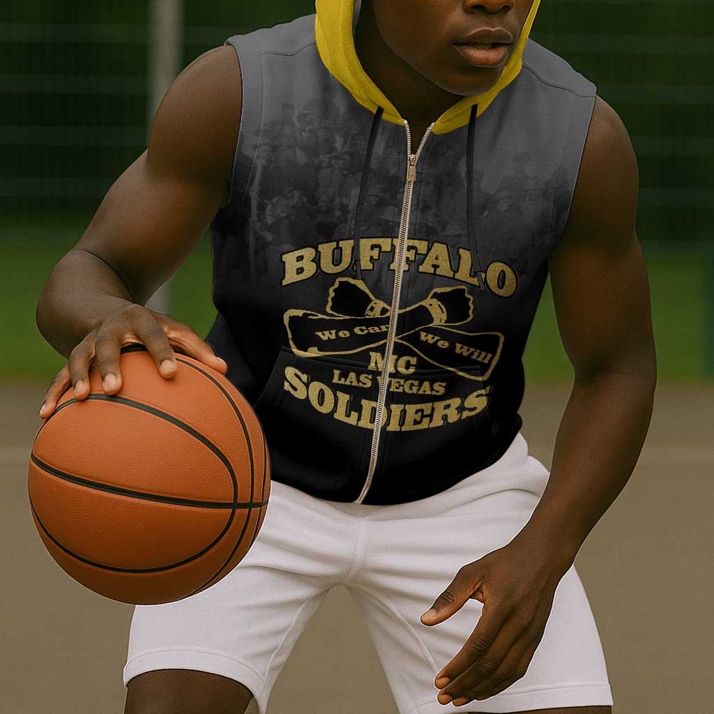 Personalized Buffalo Soldier Sleeveless Zip Hoodie African American Heroes - Black - African Pride