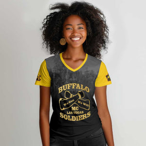 Personalized Buffalo Soldier Women V-Neck T-Shirt African American Heroes - Black - African Pride