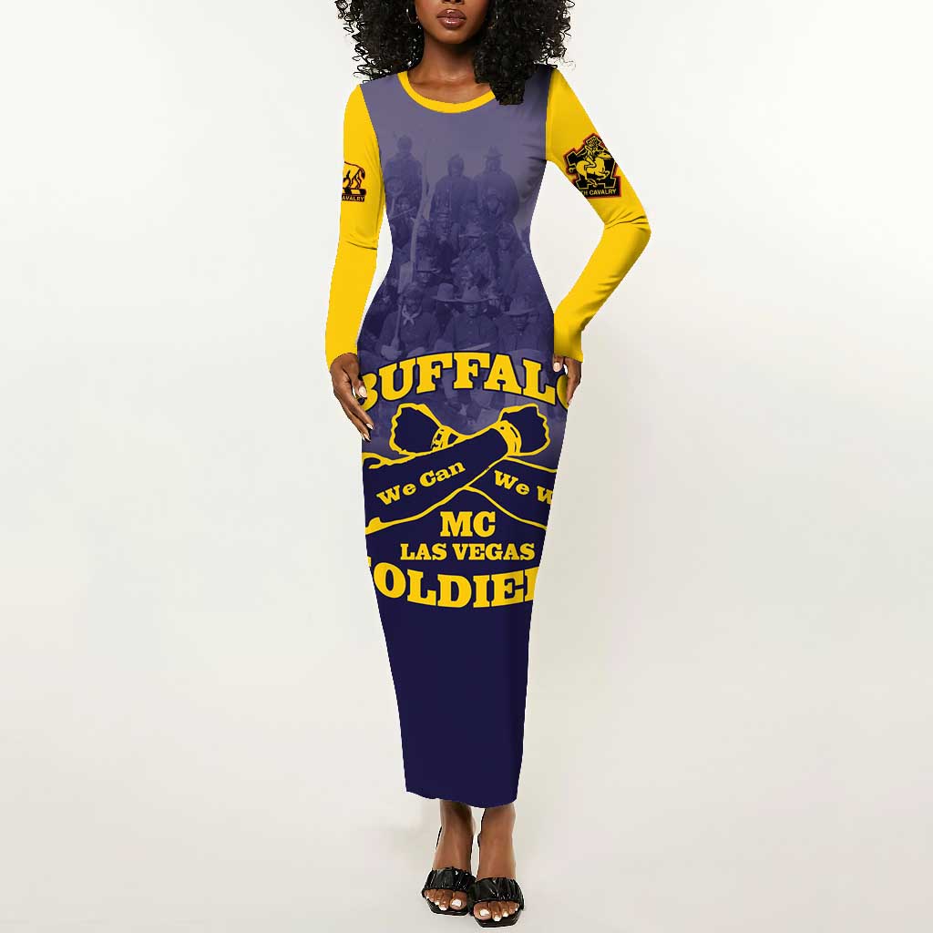 Personalized Buffalo Soldier Long Sleeve Bodycon Dress African American Heroes - Navy Blue - African Pride