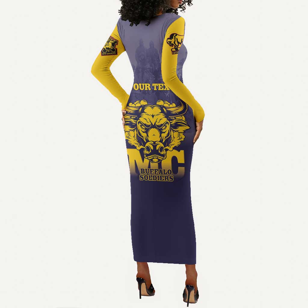 Personalized Buffalo Soldier Long Sleeve Bodycon Dress African American Heroes - Navy Blue - African Pride