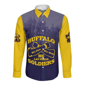 Personalized Buffalo Soldier Long Sleeve Button Shirt African American Heroes - Navy Blue - African Pride