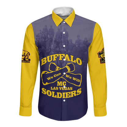 Personalized Buffalo Soldier Long Sleeve Button Shirt African American Heroes - Navy Blue - African Pride