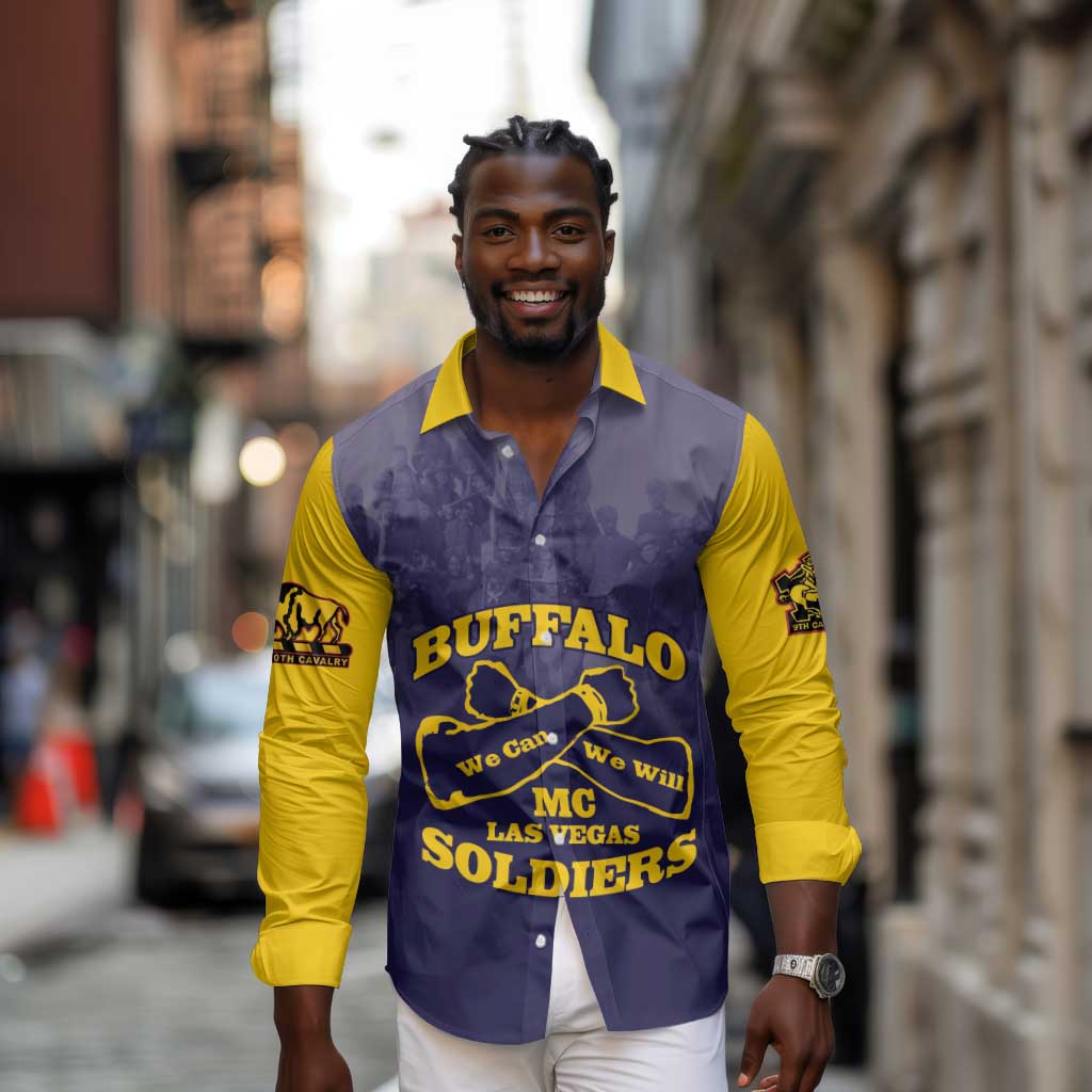 Personalized Buffalo Soldier Long Sleeve Button Shirt African American Heroes - Navy Blue - African Pride