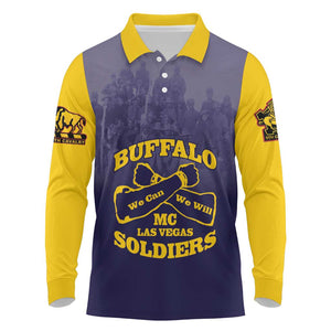 Personalized Buffalo Soldier Long Sleeve Polo Shirt African American Heroes - Navy Blue - African Pride