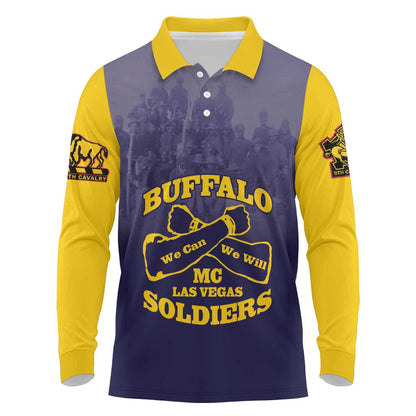 Personalized Buffalo Soldier Long Sleeve Polo Shirt African American Heroes - Navy Blue - African Pride