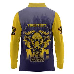Personalized Buffalo Soldier Long Sleeve Polo Shirt African American Heroes - Navy Blue - African Pride