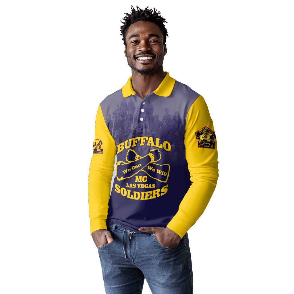 Personalized Buffalo Soldier Long Sleeve Polo Shirt African American Heroes - Navy Blue - African Pride