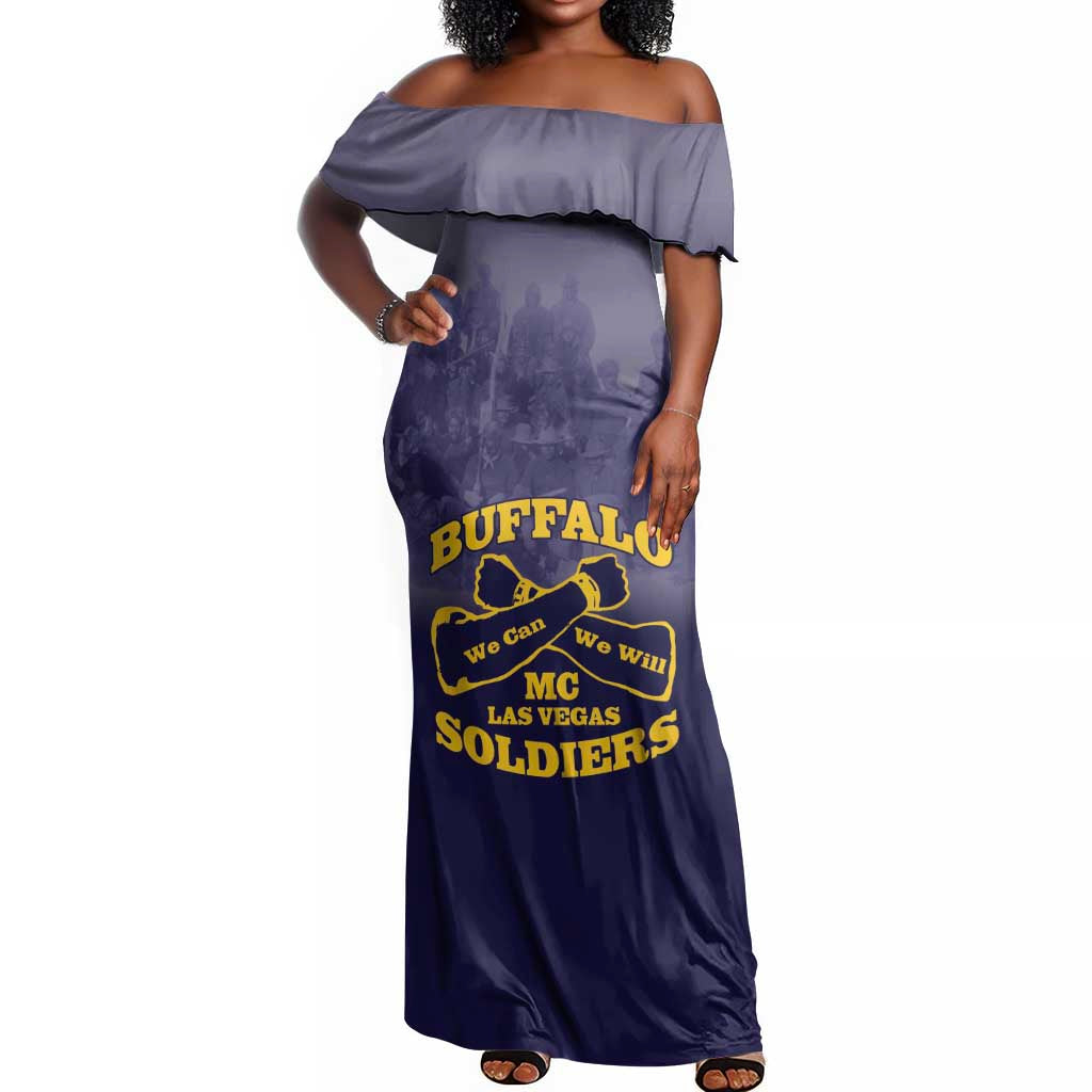 Personalized Buffalo Soldier Off Shoulder Maxi Dress African American Heroes - Navy Blue - African Pride