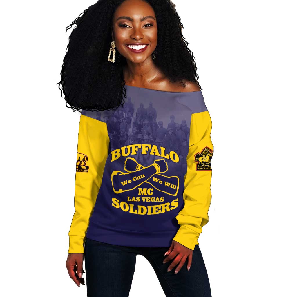 Personalized Buffalo Soldier Off Shoulder Sweater African American Heroes - Navy Blue - African Pride