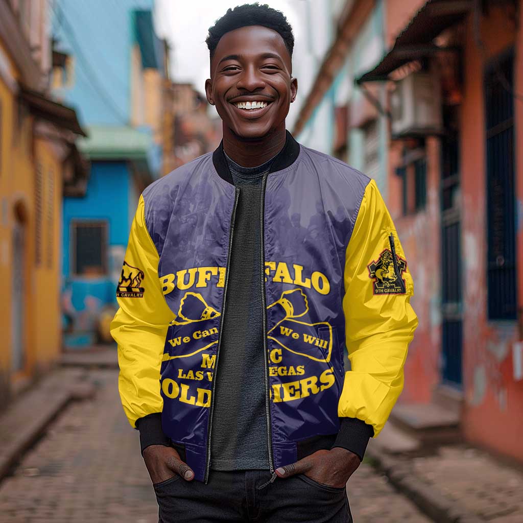 Personalized Buffalo Soldier Sleeve Zip Bomber Jacket African American Heroes - Navy Blue - African Pride